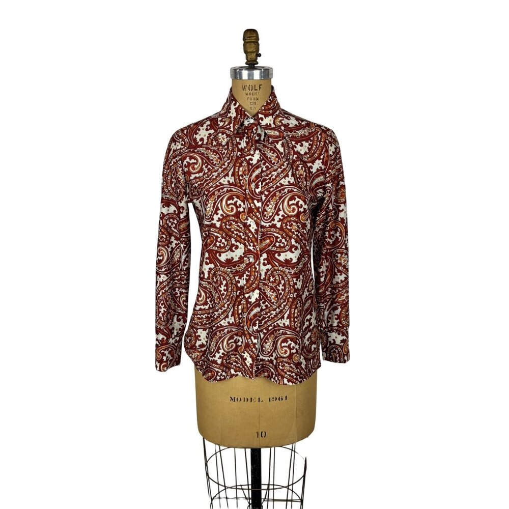 Vintage 70s Paisley Blouse Womens Medium Red Orange Boho Top